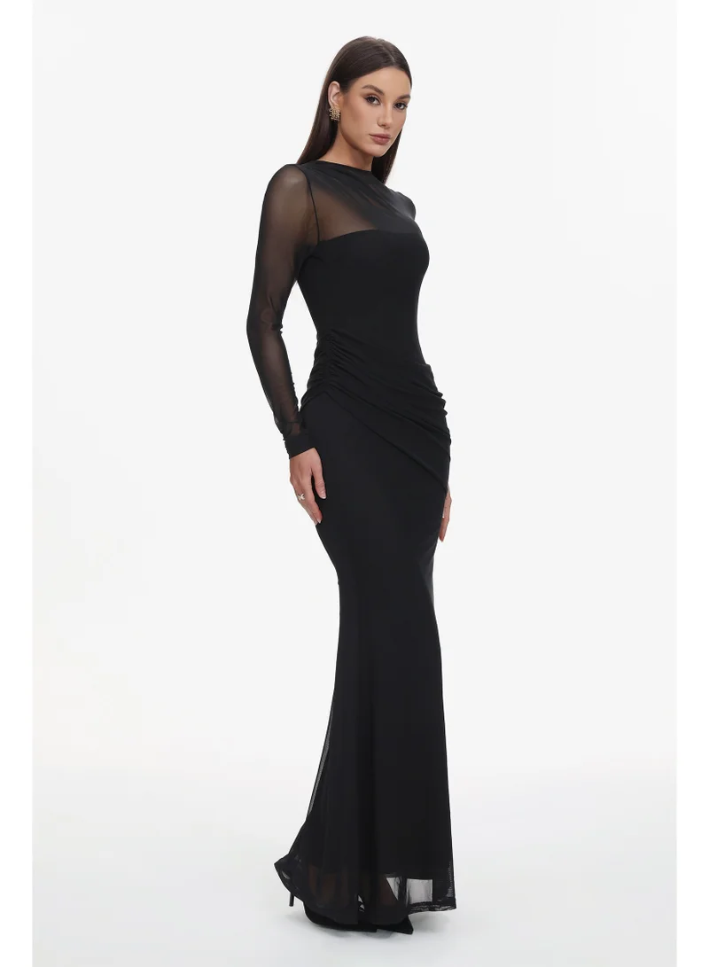 Bella Barnett Tiaka Elegant Contour Long Sleeve Drape Mesh Knit Maxi Dress